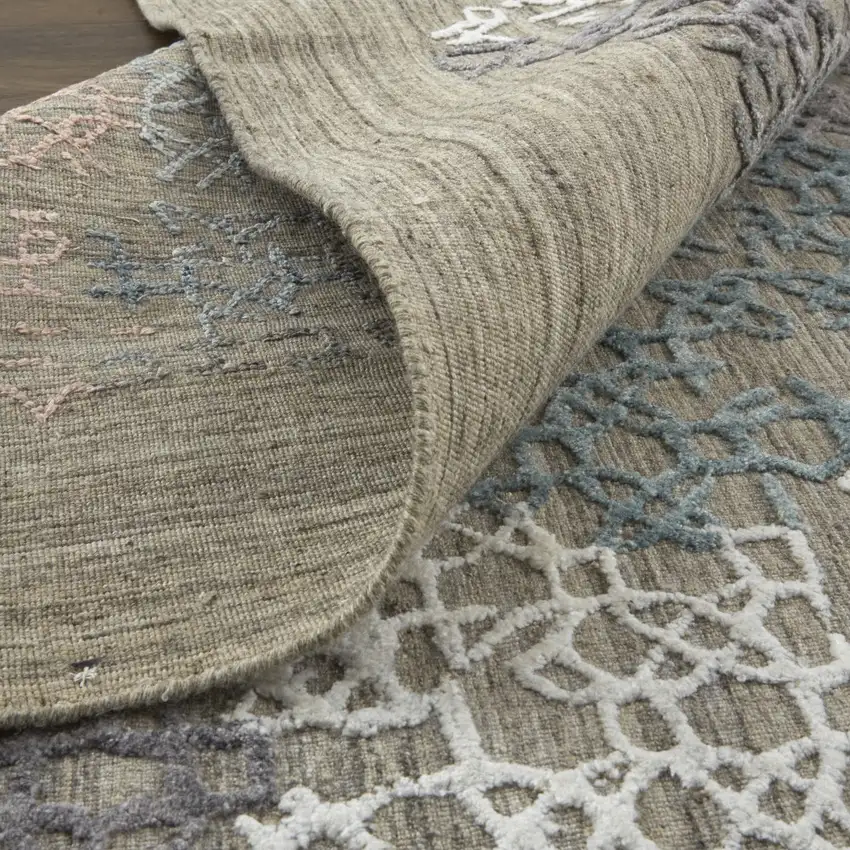 10' Pink Blue And Taupe Abstract Hand Woven Runner Rug Photo 3