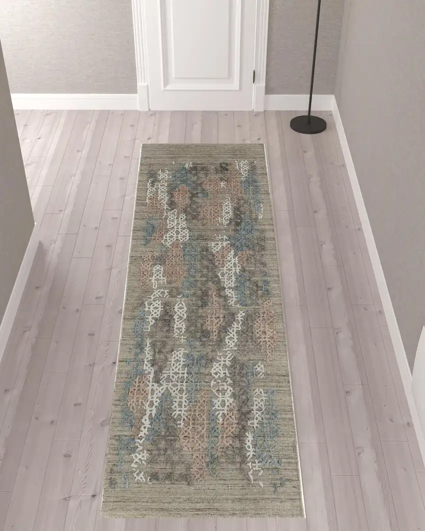 10' Pink Blue And Taupe Abstract Hand Woven Runner Rug Photo 2
