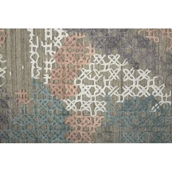 10' Pink Blue And Taupe Abstract Hand Woven Runner Rug Photo 7