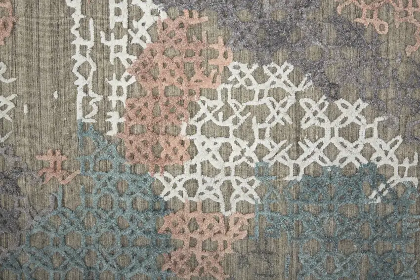 10' Pink Blue And Taupe Abstract Hand Woven Runner Rug Photo 7