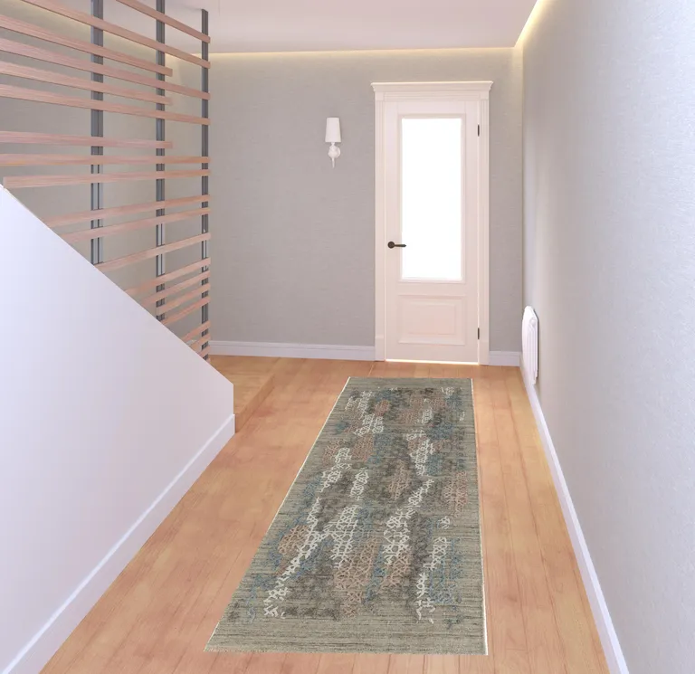 8' Pink Blue And Taupe Abstract Hand Woven Runner Rug Photo 2