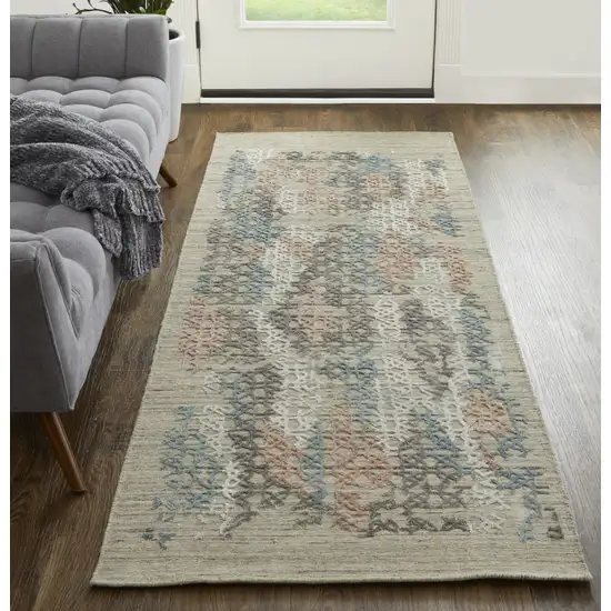 8' Pink Blue And Taupe Abstract Hand Woven Runner Rug Photo 4