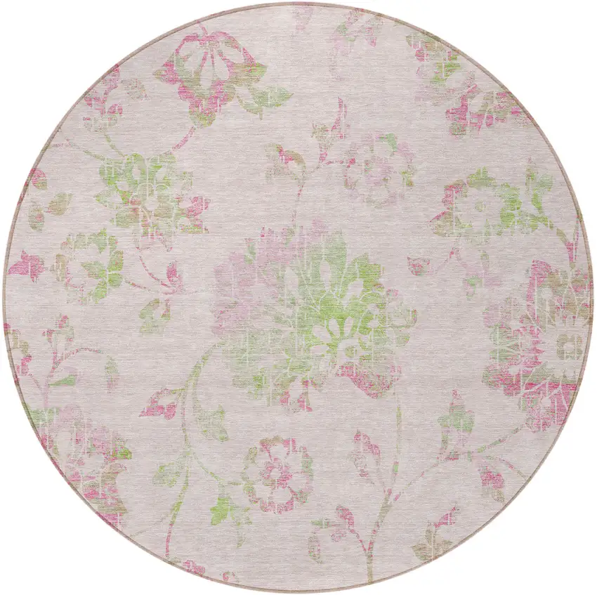 8' Pink Blush And Artichoke Green Round Floral Washable Indoor Outdoor Area Rug Photo 7