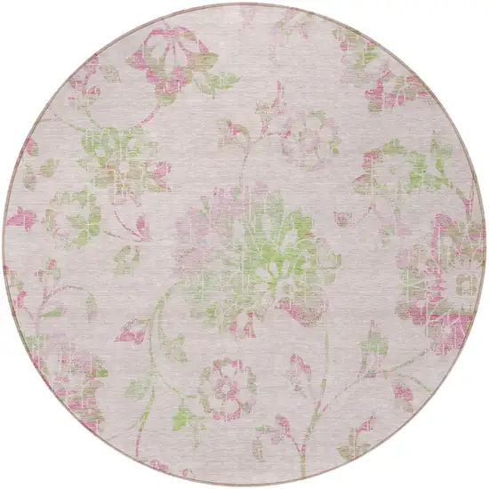 8' Pink Blush And Artichoke Green Round Floral Washable Indoor Outdoor Area Rug Photo 7