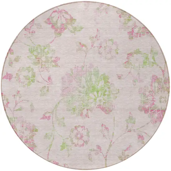 8' Pink Blush And Artichoke Green Round Floral Washable Indoor Outdoor Area Rug Photo 7
