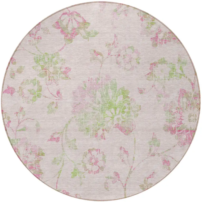 8' Pink Blush And Artichoke Green Round Floral Washable Indoor Outdoor Area Rug Photo 7