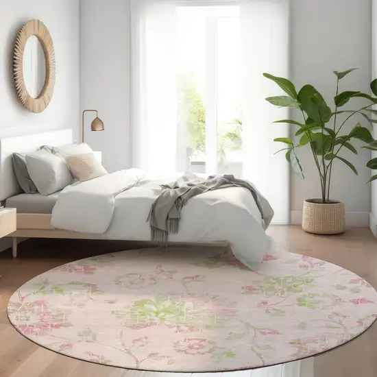 8' Pink Blush And Artichoke Green Round Floral Washable Indoor Outdoor Area Rug Photo 9