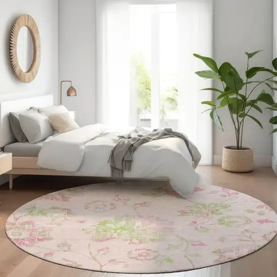 8' Pink Blush And Artichoke Green Round Floral Washable Indoor Outdoor Area Rug Photo 9