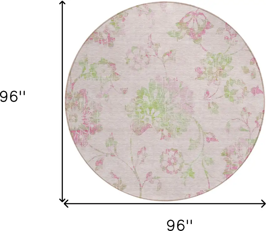 8' Pink Blush And Artichoke Green Round Floral Washable Indoor Outdoor Area Rug Photo 3