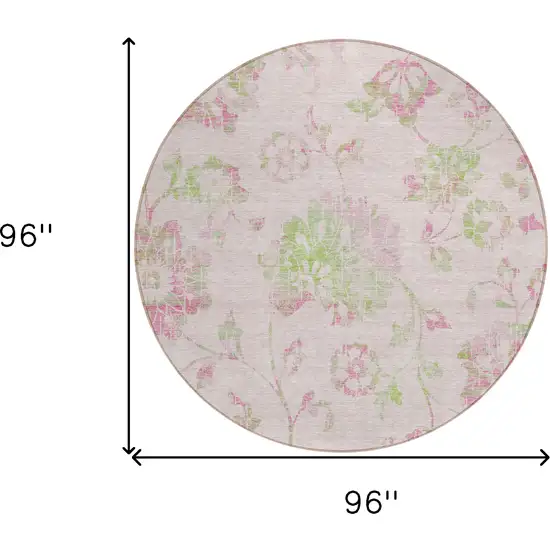 8' Pink Blush And Artichoke Green Round Floral Washable Indoor Outdoor Area Rug Photo 3