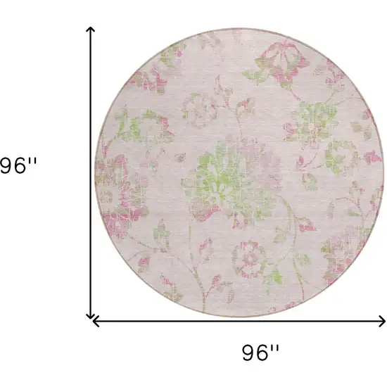 8' Pink Blush And Artichoke Green Round Floral Washable Indoor Outdoor Area Rug Photo 3