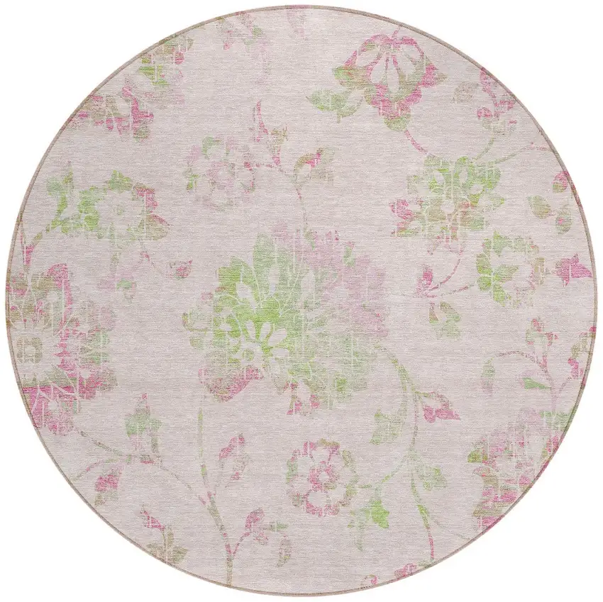 8' Pink Blush And Artichoke Green Round Floral Washable Indoor Outdoor Area Rug Photo 6