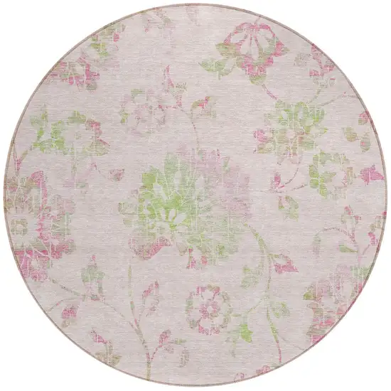 8' Pink Blush And Artichoke Green Round Floral Washable Indoor Outdoor Area Rug Photo 6