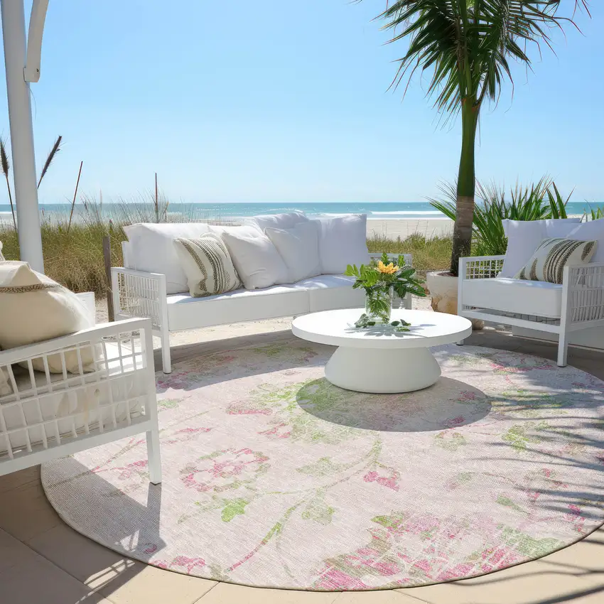 8' Pink Blush And Artichoke Green Round Floral Washable Indoor Outdoor Area Rug Photo 8