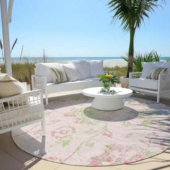 8' Pink Blush And Artichoke Green Round Floral Washable Indoor Outdoor Area Rug Photo 8