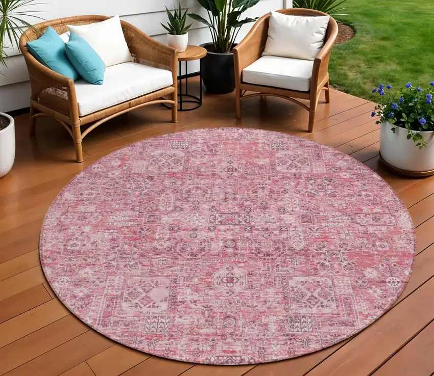 8' Pink Blush And Charcoal Round Floral Washable Indoor Outdoor Area Rug Photo 1