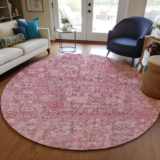 8' Pink Blush And Charcoal Round Floral Washable Indoor Outdoor Area Rug Photo 7