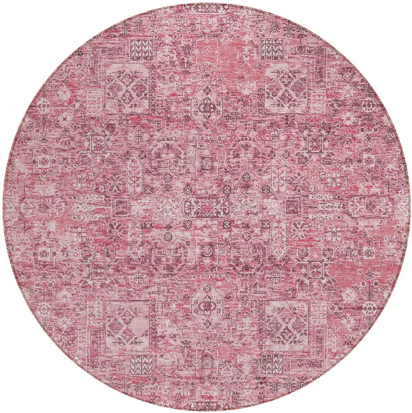 8' Pink Blush And Charcoal Round Floral Washable Indoor Outdoor Area Rug Photo 2