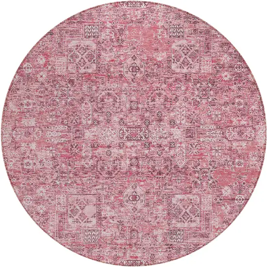 8' Pink Blush And Charcoal Round Floral Washable Indoor Outdoor Area Rug Photo 2