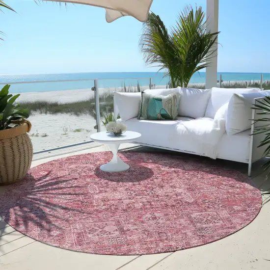 8' Pink Blush And Charcoal Round Floral Washable Indoor Outdoor Area Rug Photo 6