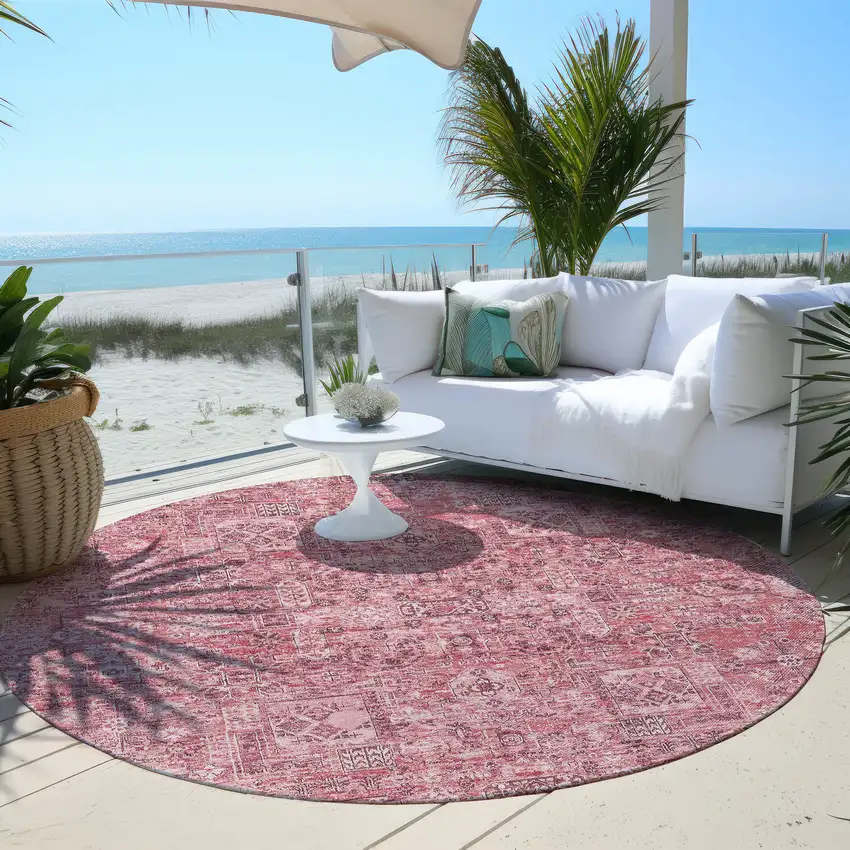 8' Pink Blush And Charcoal Round Floral Washable Indoor Outdoor Area Rug Photo 6