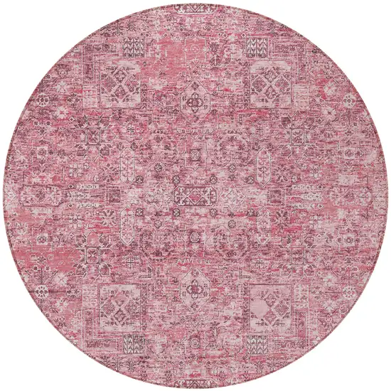 8' Pink Blush And Charcoal Round Floral Washable Indoor Outdoor Area Rug Photo 5