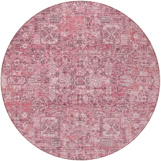 8' Pink Blush And Charcoal Round Floral Washable Indoor Outdoor Area Rug Photo 5