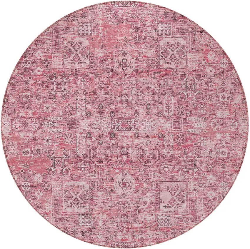 8' Pink Blush And Charcoal Round Floral Washable Indoor Outdoor Area Rug Photo 5
