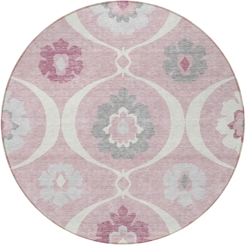 8' Pink Blush And Gray Round Medallion Washable Indoor Outdoor Area Rug Photo 7