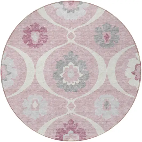 8' Pink Blush And Gray Round Medallion Washable Indoor Outdoor Area Rug Photo 7