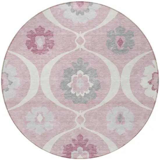 8' Pink Blush And Gray Round Medallion Washable Indoor Outdoor Area Rug Photo 7