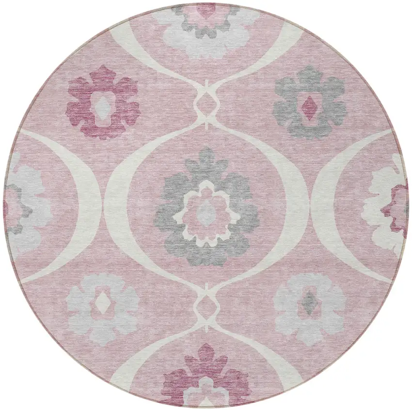 8' Pink Blush And Gray Round Medallion Washable Indoor Outdoor Area Rug Photo 7
