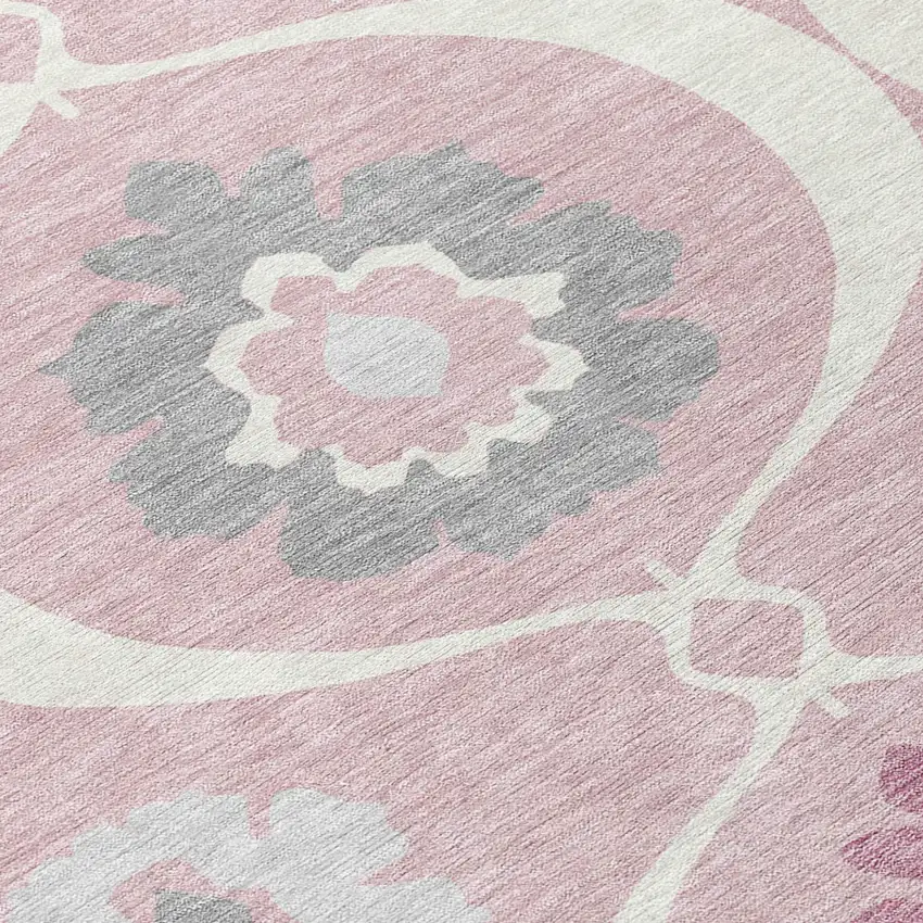 8' Pink Blush And Gray Round Medallion Washable Indoor Outdoor Area Rug Photo 6