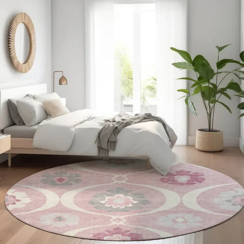 8' Pink Blush And Gray Round Medallion Washable Indoor Outdoor Area Rug Photo 9