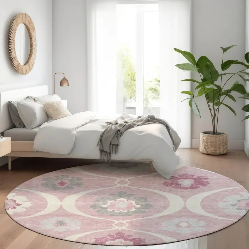 8' Pink Blush And Gray Round Medallion Washable Indoor Outdoor Area Rug Photo 9