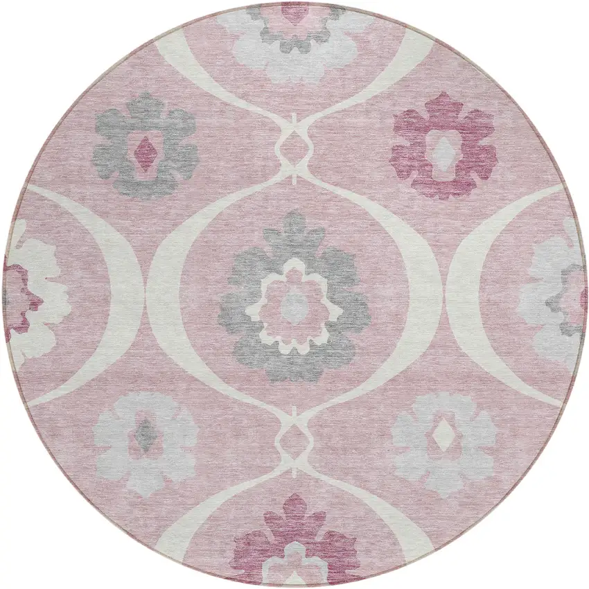 8' Pink Blush And Gray Round Medallion Washable Indoor Outdoor Area Rug Photo 2