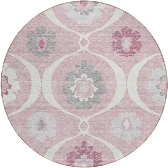 8' Pink Blush And Gray Round Medallion Washable Indoor Outdoor Area Rug Photo 2