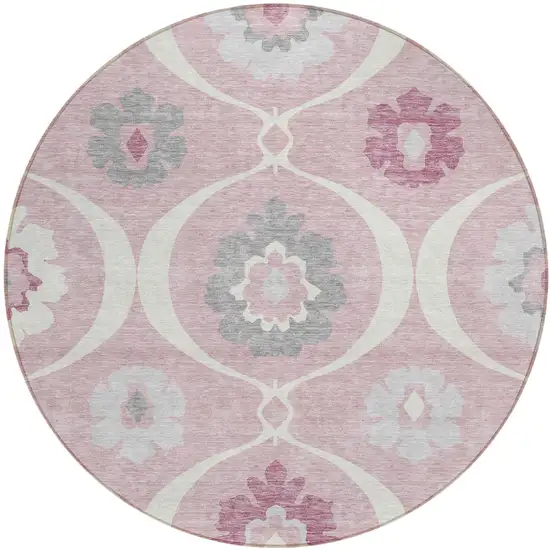 8' Pink Blush And Gray Round Medallion Washable Indoor Outdoor Area Rug Photo 2