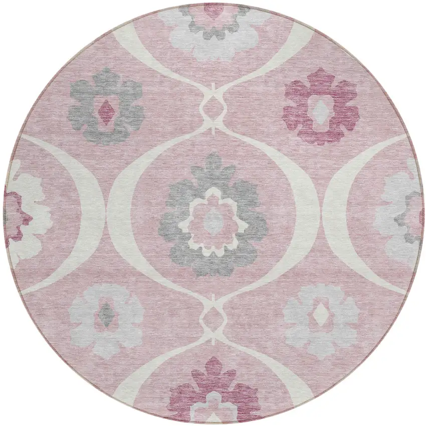 8' Pink Blush And Gray Round Medallion Washable Indoor Outdoor Area Rug Photo 2
