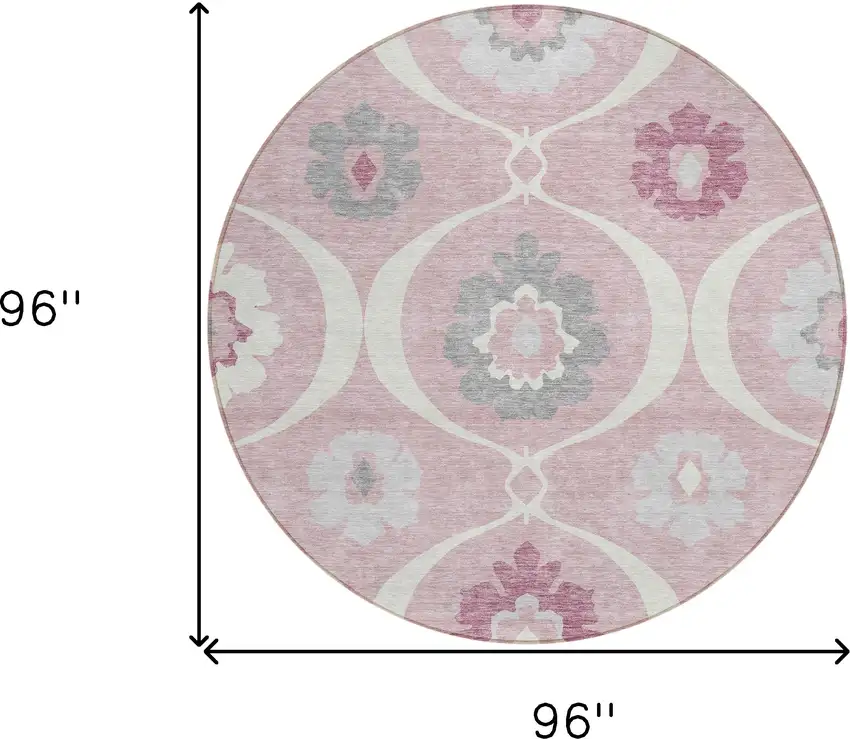 8' Pink Blush And Gray Round Medallion Washable Indoor Outdoor Area Rug Photo 3