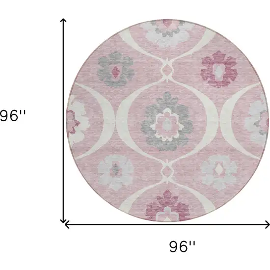 8' Pink Blush And Gray Round Medallion Washable Indoor Outdoor Area Rug Photo 3