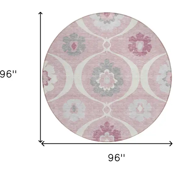 8' Pink Blush And Gray Round Medallion Washable Indoor Outdoor Area Rug Photo 3