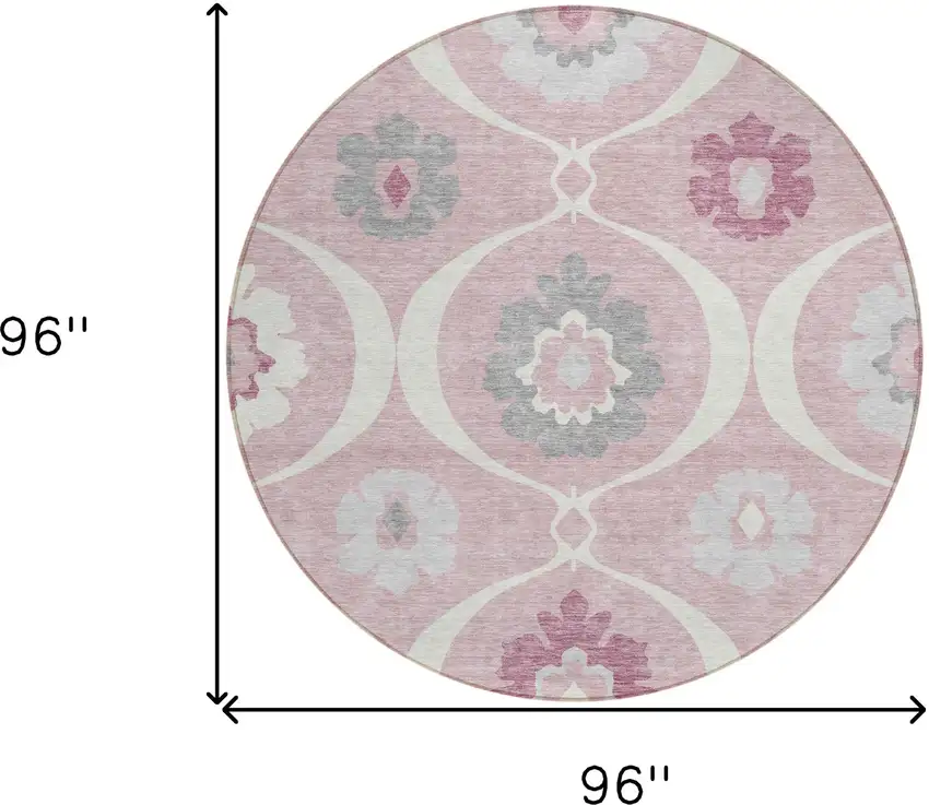 8' Pink Blush And Gray Round Medallion Washable Indoor Outdoor Area Rug Photo 3
