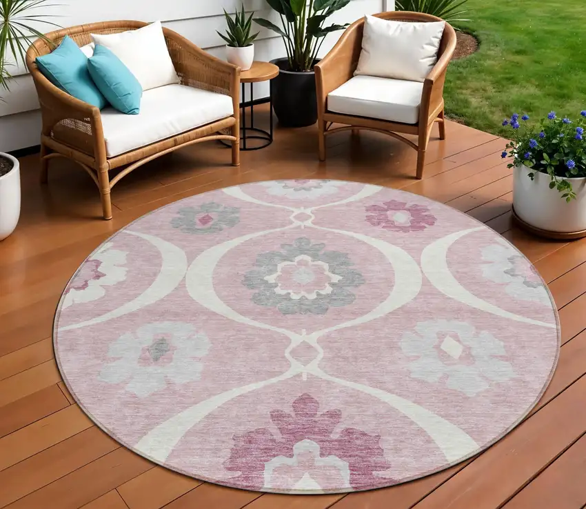 8' Pink Blush And Gray Round Medallion Washable Indoor Outdoor Area Rug Photo 1