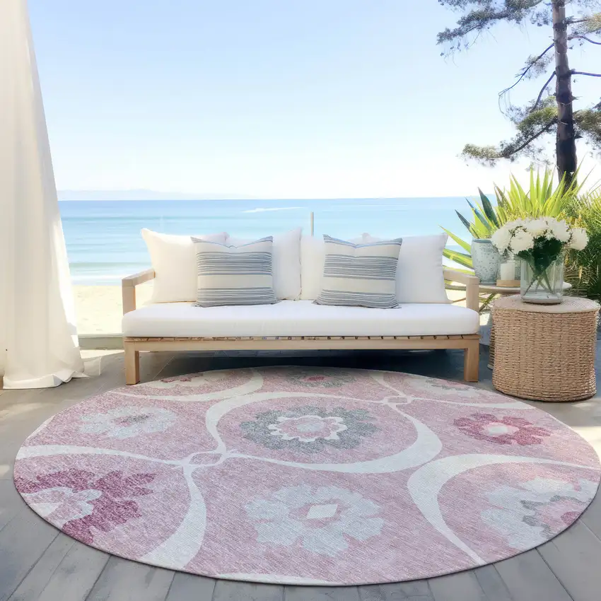 8' Pink Blush And Gray Round Medallion Washable Indoor Outdoor Area Rug Photo 8