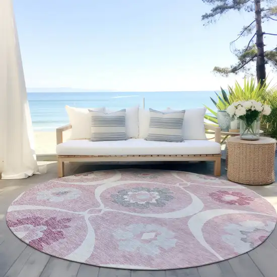 8' Pink Blush And Gray Round Medallion Washable Indoor Outdoor Area Rug Photo 8