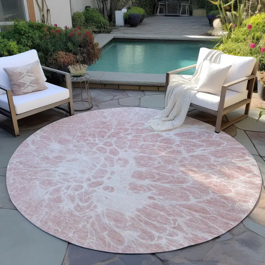 8' Pink Blush And Ivory Round Abstract Washable Indoor Outdoor Area Rug Photo 6