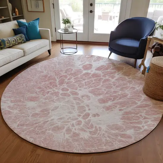 8' Pink Blush And Ivory Round Abstract Washable Indoor Outdoor Area Rug Photo 7