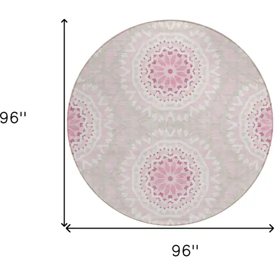 8' Pink Blush And Ivory Round Floral Medallion Washable Indoor Outdoor Area Rug Photo 7