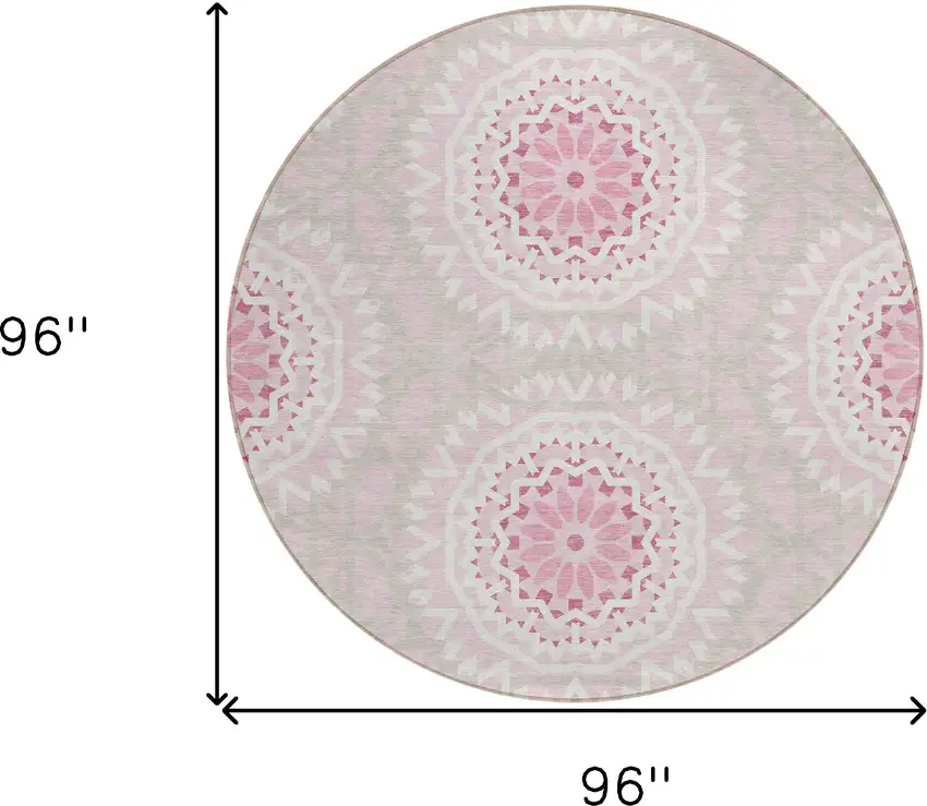 8' Pink Blush And Ivory Round Floral Medallion Washable Indoor Outdoor Area Rug Photo 7